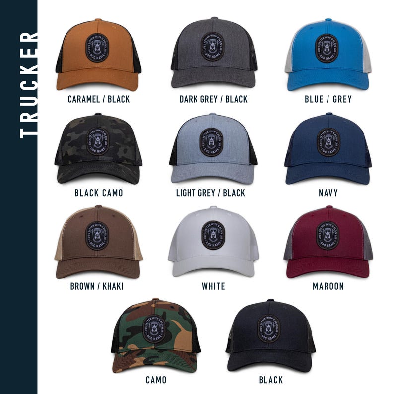 May include: A set of 11 trucker hats in various colors and patterns. The hats feature a black and white logo with the text "Just Woke Up Dog Dad" on the front. The hats are available in colors such as black, white, blue, red, brown, gray, and camo.