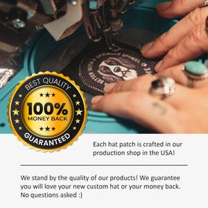 May include: A close-up of a sewing machine stitching a black patch with a white dog and the text "Better With A Springer Spaniel". The patch is being sewn onto a teal surface. A gold star seal with the text "Best Quality 100% Money Back Guaranteed" is in the foreground.