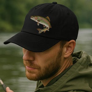 Embroidered Distressed Fishing Hat, Trout Dad Hat, Gift for Him, Fly Fishing Cap, Rainbow Trout Hat, Father’s Day, Fisherman Gift, Husband