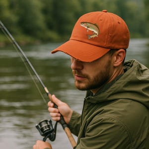 Embroidered Distressed Fishing Hat, Trout Dad Hat, Gift for Him, Fly Fishing Cap, Rainbow Trout Hat, Father’s Day, Fisherman Gift, Husband