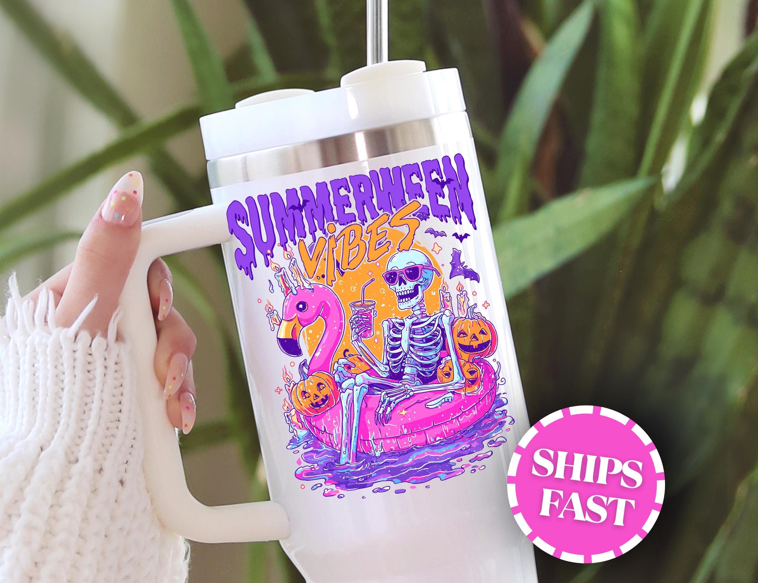 Summerween Vibes 40oz Tumbler Funny Skeleton Float Halloween in Summer Skeleton Summer Spooky Flamingo Pool Ghost Beach Flamingo Birthday