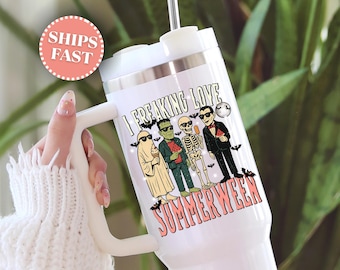 Summerween Vibes 40 oz Tumbler Frankenstein Halloween Cup Funny Horror Character Skeleton Summer Tumbler Poolside Vibes Gift For Horror Fan