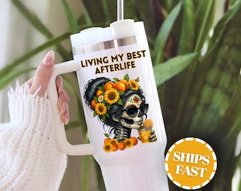 Personalized Summerween Ghost 40oz Tumbler with Handle Summer Skeleton Tumbler Sugar Skull Cup Spooky Season Tumbler Skeleton Lover Gift