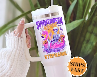 Custom Summerween Vibes 40oz Tumbler Funny Skeleton Float Halloween in Summer Skeleton Summer Spooky Flamingo Pool Ghost Beach Flamingo