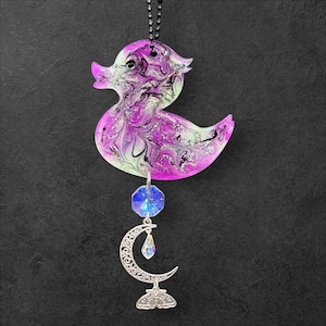 Glow in the Dark Purple Aurora Borealis Cosmic Duck UV Resin Suncatcher Car Dangle Ornament Moon Lunar Moth Charm Crystal