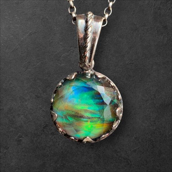 Sterling Silver .925 Facted Fire Aurora Opal Pendant Facted Cut Handmade