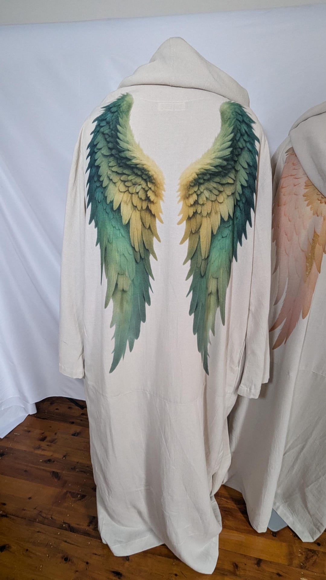 Loving Angel Robe – Bamboo Cotton Blend With Green Angel Wings Natural ...