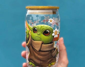 Baby Yoda Glass Cup, Space-Themed Drinkware, Adorable Cartoon Tumbler, Fun Galactic Design, Handcrafted Gift Ideas for Star Wars Fans