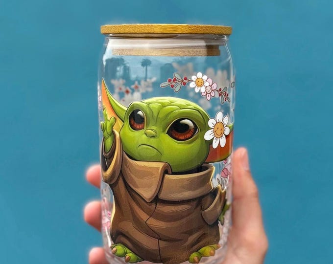 Baby Yoda Glass Cup, Space-Themed Drinkware, Adorable Cartoon Tumbler, Fun Galactic Design, Handcrafted Gift Ideas for Star Wars Fans