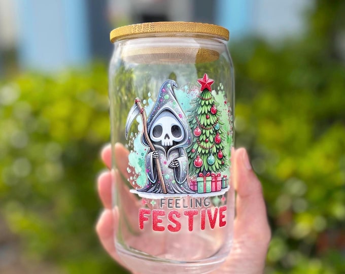 Skeleton Christmas Glass Cup, Spooky Holiday Drinkware, Festive Skeleton Design,Unique Christmas Tumbler, Holiday Cup, Fun Holiday Gift Idea