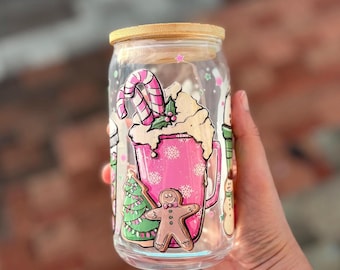 Pink Christmas Hot Cocoa Glass Cup, Festive Drinkware, Holiday Hot Chocolate Mug, Winter Beverage Glass, Cozy Christmas Cup, Cozy Gift Idea