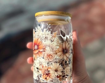 Flower Glass Cup, Floral Drinkware Decorative Glass Mug, Unique Flower Design Botanical Themed Cup Handcrafted Glass, Gift for Flower Lovers