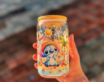 Tropical Stitch Glass Cup, Fun Hawaiian Drinkware, Cute Stitch-Inspired Design, Customizable Tumbler, Gift for Disney Lovers, Summer Cup