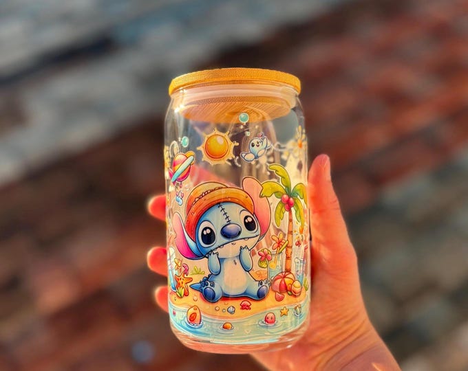 Tropical Stitch Glass Cup, Fun Hawaiian Drinkware, Cute Stitch-Inspired Design, Customizable Tumbler, Gift for Disney Lovers, Summer Cup
