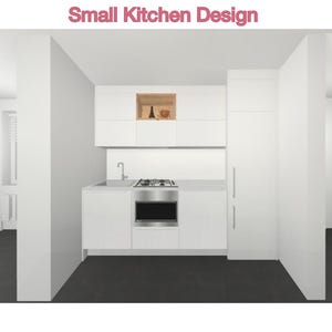 Peut inclure: Conception de cuisine minimaliste avec des meubles blancs, un four et une plaque de cuisson en acier inoxydable, et un petit évier. Le texte "Small Kitchen Design" est inclus. Le sol est gris foncé.