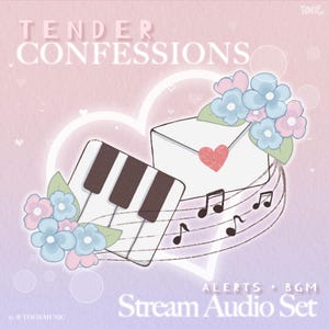 May include: A pink and purple background with a white heart shape. Inside the heart is a white envelope with a red heart on it, a small keyboard, and musical notes. The text "TENDER CONFESSIONS" is at the top of the image. The text "ALERTS + BGM Stream Audio Set" is at the bottom of the image.