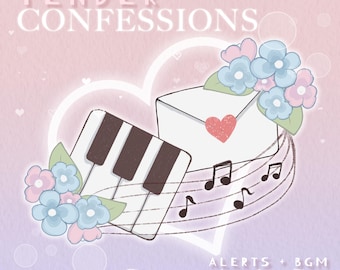 May include: A pink and purple background with a white heart shape. Inside the heart is a white envelope with a red heart on it, a small keyboard, and musical notes. The text "TENDER CONFESSIONS" is at the top of the image. The text "ALERTS + BGM Stream Audio Set" is at the bottom of the image.
