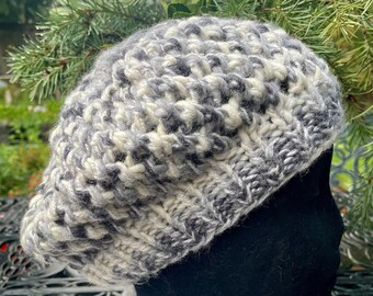 Hand Knit Slouchy Hat, Lace Knit Tam, Ivory and Variegated Gray Color, Two Yarns, Beautiful!