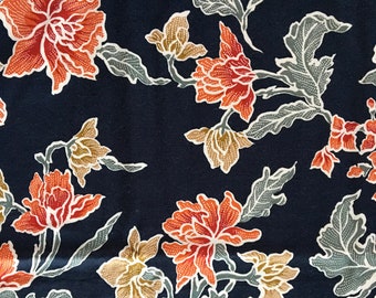 Cotton Fabric, Floral Print, Cotton, Gold, Orange, and Gray-Green on Black Background, Selling Whole Piece, 2 1/2 Yards