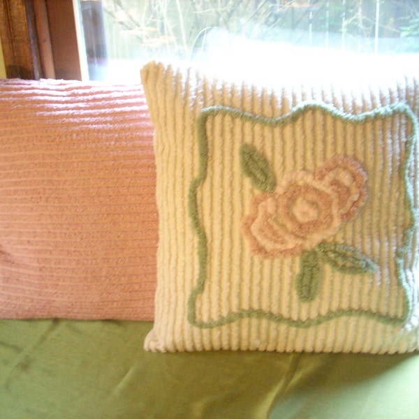 Pair of Coordinating Vintage Chenille Pillow Covers in Cream, Pink, and Green