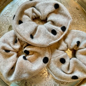 Cashmere Scrunchie, Gray with Black Polka Dots, Repurposed Cashmere Sweater, Comfortable and Cute!!