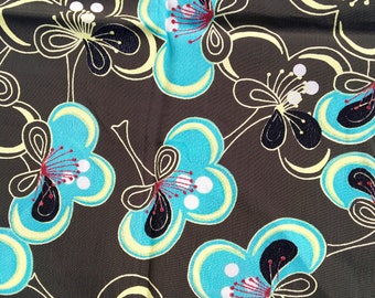 New Fabric, Abstract Design, Brown with Aqua and Yellow Abstract Butterflies??, Polyester, New Condition, Over One Yard