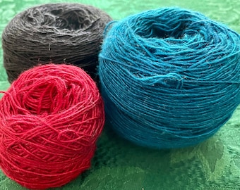 Silk and Wool Blend Yarn, 70% Superwash Merino Wool/30 Silk, Bundle of Three, Blue, Black, and Partial Red, Excellent Condition!