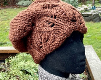 Slouchy and Leafy Hat, Hand Knit, For Wool Sensitive People, Acrylic Yarn, Warm Brown,  Choose From Black, Dark Green, or Brown, Pretty!