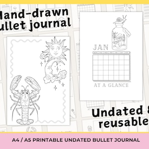 Bullet Journal Printable Planner, Hand Drawn Illustrations, Digital Download Template, Weekly Spread, Monthly Goals Page