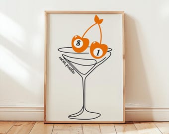 May include: A black and white line drawing of a martini glass with two orange cherries. The cherries are numbered 8 and 1, like billiard balls.
