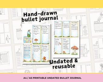 2026 Undated Bullet Journal Printable Planner, Hand Drawn Illustrations, Digital Download Template, Weekly Spread