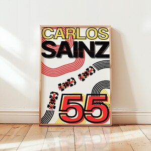 Plakat retro F1 Ferrari Carlosa Sainza | Grafika ścienna wyścigowa (pobranie cyfrowe)