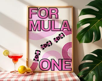 May include: A framed poster with the text "FOR MULA ONE" in pink and black letters. The background is white with pink and white abstract shapes and pixelated race cars.
