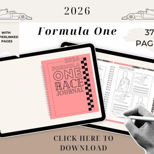 May include: A digital Formula One race journal for 2026, featuring a pink cover with the text "Formula One Race Journal." The journal has 37 pages and includes hyperlinks. The image also includes the text "Click here to download."