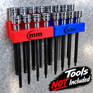 May include: A red and blue plastic tool organizer rack holding multiple silver metal socket bits with black hex shafts. The red section is labeled with the text mm and the blue section is labeled with the text sae. The text Tools NOT Included is visible.