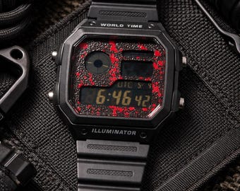 Custom painted Casio World Time "BLACKOUT BLOODRED"