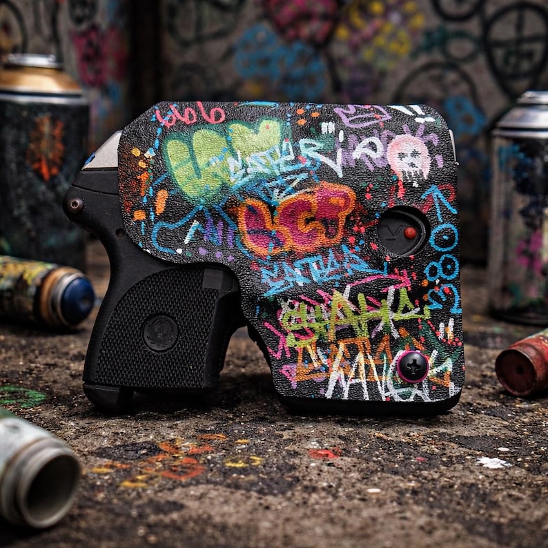 May include: A black handgun with a custom holster featuring colorful graffiti art. The holster is covered in vibrant spray-painted designs, including words and a skull. The gun and holster are set against a backdrop of graffiti and spray paint cans.