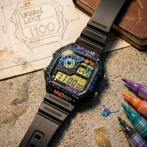 May include: Black digital watch with graffiti-style artwork on the face, displaying the time 11:00:00. The watch has a black strap and is set against a background with a blueprint sketch and colorful markers.