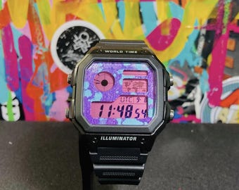 Custom Painted Casio World Time Watch "Bubble Gumps"
