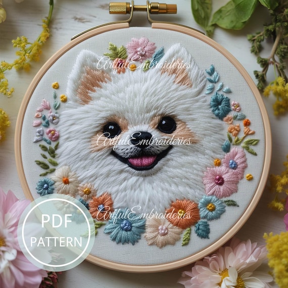 ポメラニアン犬の刺繍パターン：花柄のペットデザイン（PDF） - Etsy 日本