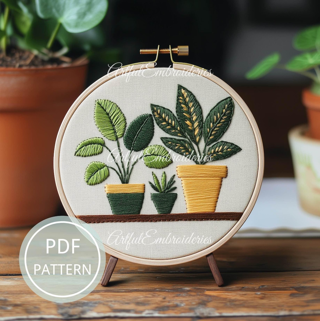 Potted Plants Embroidery Design: Green Ivy & Succulents (PDF Pattern ...