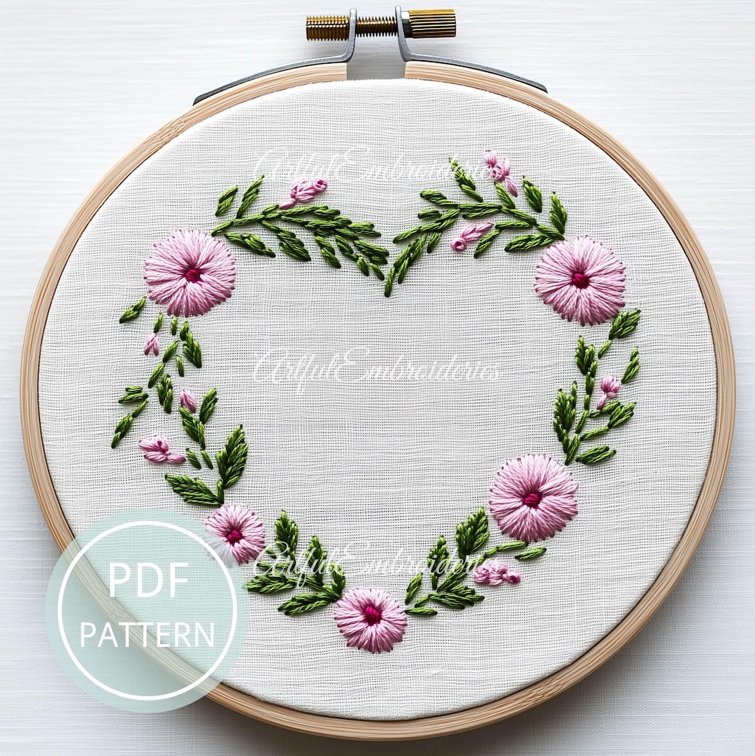 花のハート型リースの刺繍パターン：バレンタインデーDIY（PDF