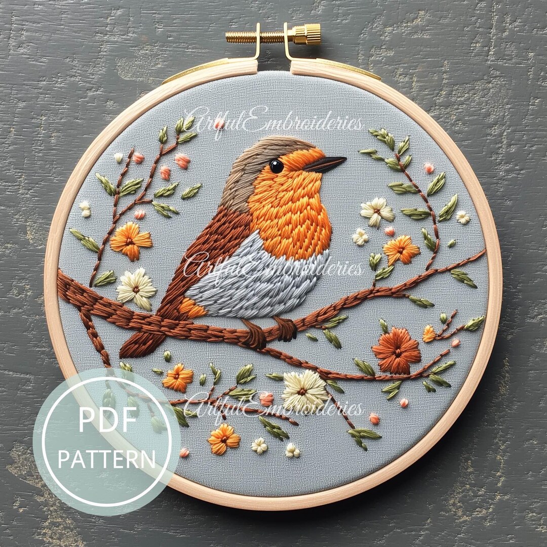 Spring Robin Embroidery Pattern: Floral Bird Design (PDF Download) - Etsy