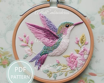 Patrón de bordado de colibrí: Pájaro de jardín, plantilla para principiantes (descarga en PDF)