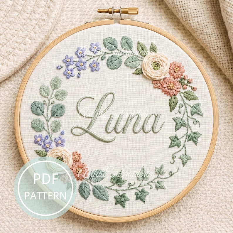 Hand Embroidery Pattern PDF Floral Name Hoop Art Modern Botanical Stitch Guide DIY Needlecraft ...