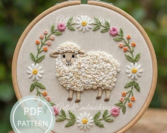 Patrón de bordado a mano de oveja, arte floral de cordero en bastidor, tutorial en PDF de puntada texturizada, manualidad de animales de granja para hacer tú mismo, decoración de guardería estilo cottagecore