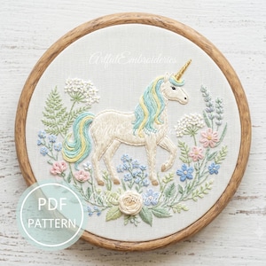 May include: A circular wooden embroidery hoop containing a fabric panel with a hand-stitched unicorn featuring a gold horn and a flowing yellow and blue mane. The unicorn is surrounded by embroidered green ferns, white flowers, and pink blossoms.