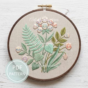 Könnte beinhalten: Ein Stickrahmen mit einem beigen Stoffeinsatz, der ein handgesticktes Design aus grünen Farnen und Blättern zeigt, durchsetzt mit kleinen, bunten Totenköpfen. Die Totenköpfe haben verschiedene Pastelltöne wie Blau, Rosa und Lila. Ein PDF-Muster-Etikett ist sichtbar.