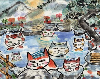 Cat Art Print Hot Springs Cats