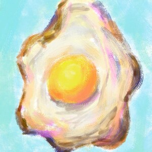May include: A digital painting of a fried egg with a bright yellow yolk and a white egg white. The egg is set against a light blue background. The egg white has brown and purple edges.